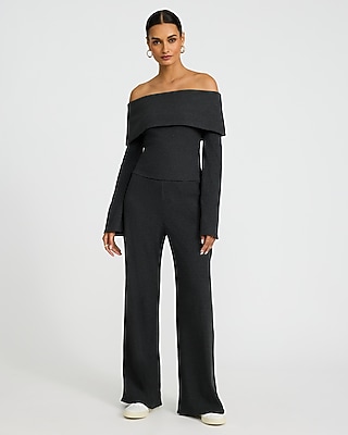 Cozy Ribbed Fold Over Off The Shoulder Long Sleeve Tee