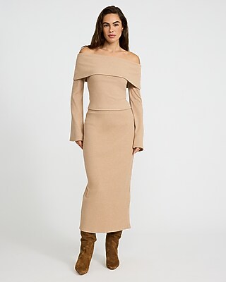 Cozy Ribbed Fold Over Off The Shoulder Long Sleeve Tee