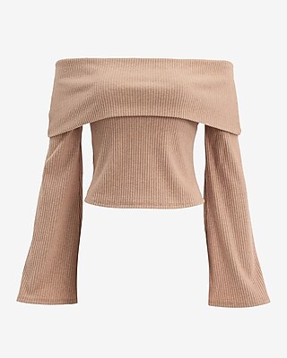 Cozy Ribbed Fold Over Off The Shoulder Long Sleeve Tee
