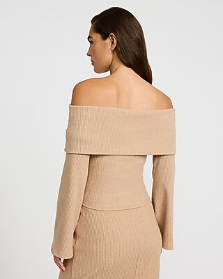 Cozy Ribbed Fold Over Off The Shoulder Long Sleeve Tee