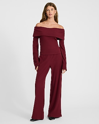 Cozy Ribbed Fold Over Off The Shoulder Long Sleeve Tee