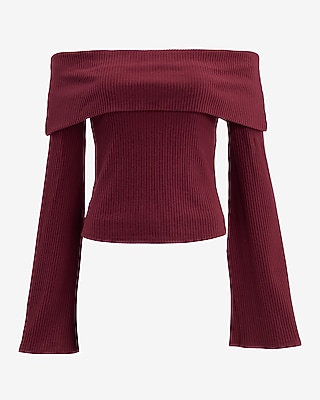 Cozy Ribbed Fold Over Off The Shoulder Long Sleeve Tee