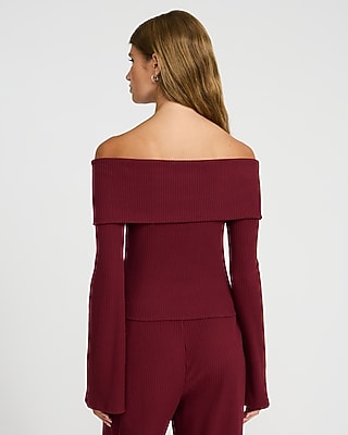 Cozy Ribbed Fold Over Off The Shoulder Long Sleeve Tee