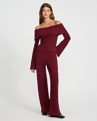 Cozy Ribbed Fold Over Off The Shoulder Long Sleeve Tee