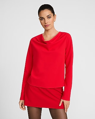 Studio Stretch Crepe Draped Cowl Neck Long Sleeve Top