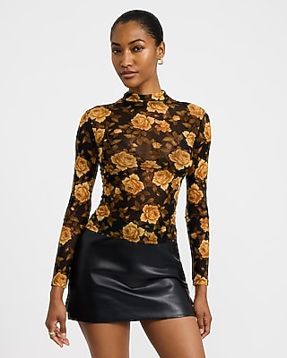 Mesh Floral Mock Neck Long Sleeve Bodysuit