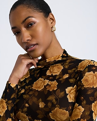 Mesh Floral Mock Neck Long Sleeve Bodysuit