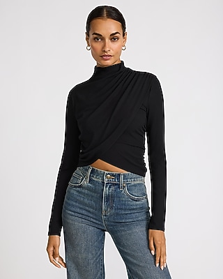 Waffle Mock Neck Long Sleeve Cinched Bottom Top | Express
