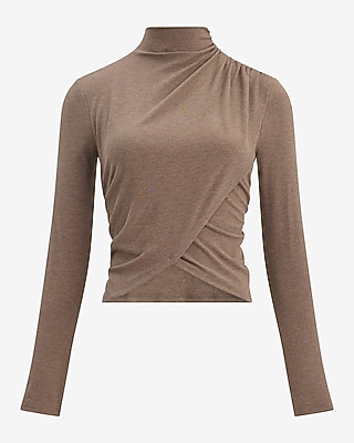 Ribbed Mock Neck Long Sleeve Wrap Ruched Top