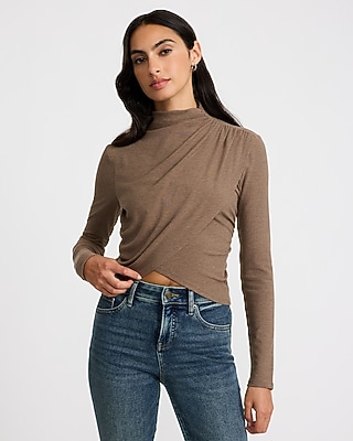 Ribbed Mock Neck Long Sleeve Wrap Ruched Top