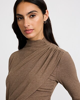 Ribbed Mock Neck Long Sleeve Wrap Ruched Top