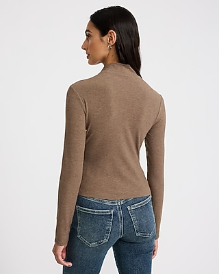 Ribbed Mock Neck Long Sleeve Wrap Ruched Top