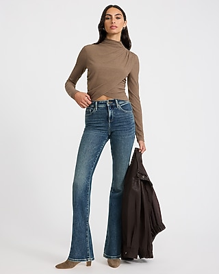 Ribbed Mock Neck Long Sleeve Wrap Ruched Top