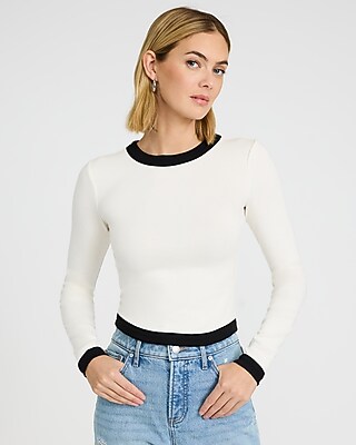 Fitted Tipped Crew Neck Long Sleeve Curved Hem Tee