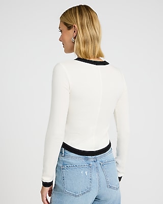 Fitted Tipped Crew Neck Long Sleeve Curved Hem Tee