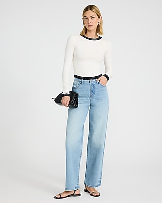 Fitted Tipped Crew Neck Long Sleeve Curved Hem Tee