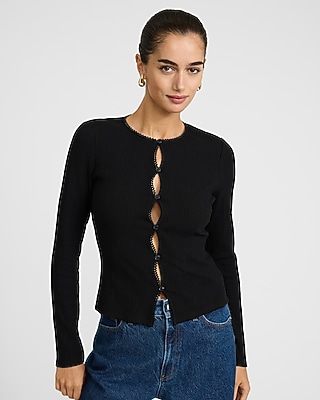 Pointelle Crew Neck Long Sleeve Cutout Tee