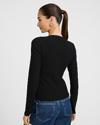 Pointelle Crew Neck Long Sleeve Cutout Tee