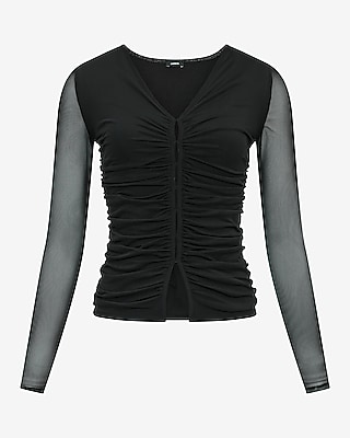 Mesh Ruched V-Neck Long Sleeve Top