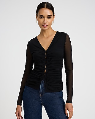 Mesh Ruched V-Neck Long Sleeve Top