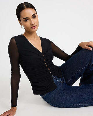 Mesh Ruched V-Neck Long Sleeve Top