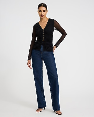 Mesh Ruched V-Neck Long Sleeve Top