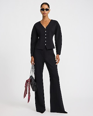 V-Neck Barrel Sleeve Novelty Button Front Top Signature Ponte