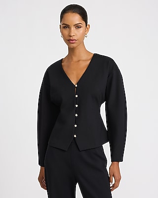 V-Neck Barrel Sleeve Novelty Button Front Top Signature Ponte