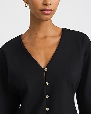 V-Neck Barrel Sleeve Novelty Button Front Top Signature Ponte