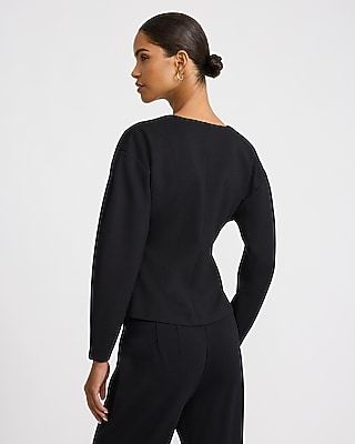 V-Neck Barrel Sleeve Novelty Button Front Top Signature Ponte