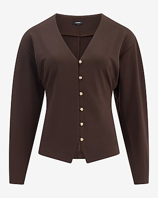 V-Neck Barrel Sleeve Novelty Button Front Top Signature Ponte