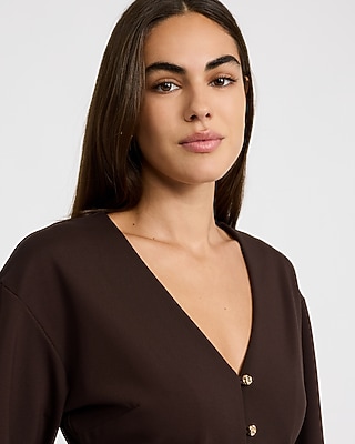 V-Neck Barrel Sleeve Novelty Button Front Top Signature Ponte