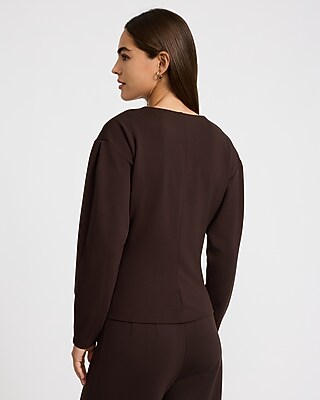 V-Neck Barrel Sleeve Novelty Button Front Top Signature Ponte
