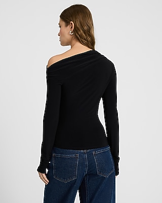 Matte Jersey Draped Off The Shoulder Long Sleeve Tee