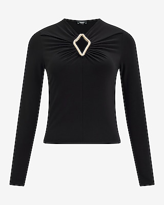 Matte Jersey Novelty Hardware Keyhole Long Sleeve Top