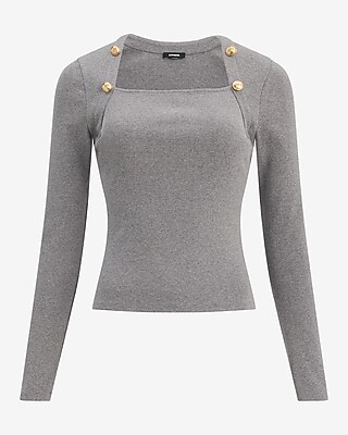 Ribbed Square Neck Novelty Button Long Sleeve Top