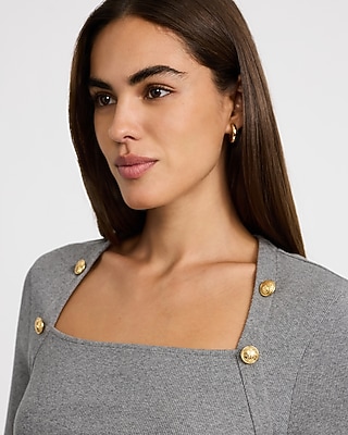 Ribbed Square Neck Novelty Button Long Sleeve Top