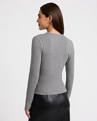 Ribbed Square Neck Novelty Button Long Sleeve Top