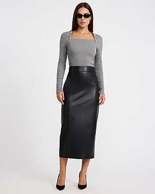 Ribbed Square Neck Novelty Button Long Sleeve Top