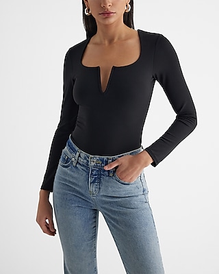 Express Fitted V-Wire Ponte Long Sleeve Thong Bodysuit Black Women's S