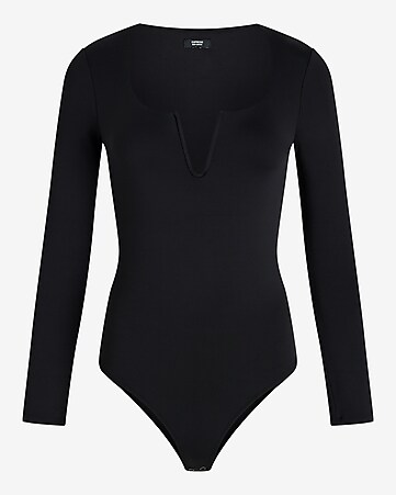 Women Bodysuit Top Blouse Long Sleeve Black Body Leotard Stretchy