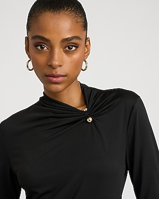 Mock Neck Novelty Hardware Ruched Long Sleeve Top - thumbnail 2
