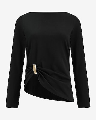 Boat Neck Long Sleeve Hardware Cinched Tee | Express