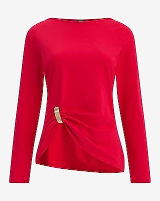 Boat Neck Long Sleeve Hardware Cinched Tee