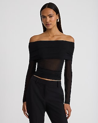 Mesh Off The Shoulder Long Sleeve Top | Express