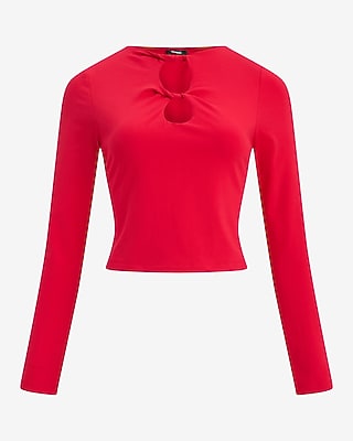 Keyhole Twist Front Long Sleeve Tee Stretch Cotton