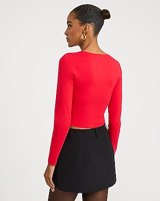 Keyhole Twist Front Long Sleeve Tee Stretch Cotton