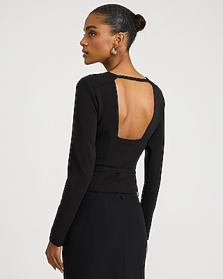 Crew Neck Long Sleeve Belted Open Back Top