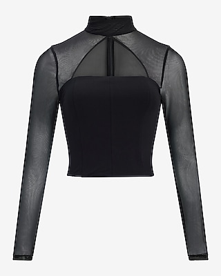 Mesh Mock Neck Keyhole Long Sleeve Top - thumbnail 10