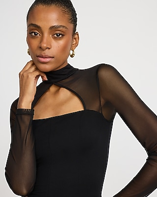 Mesh Mock Neck Keyhole Long Sleeve Top - thumbnail 7